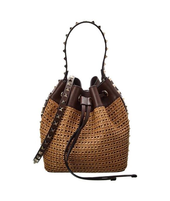 Valentino Garavani Handbags - Valentino Garavani Rockstud Raffia Effect Bucket Bag Tobacco Cacao Crossbody